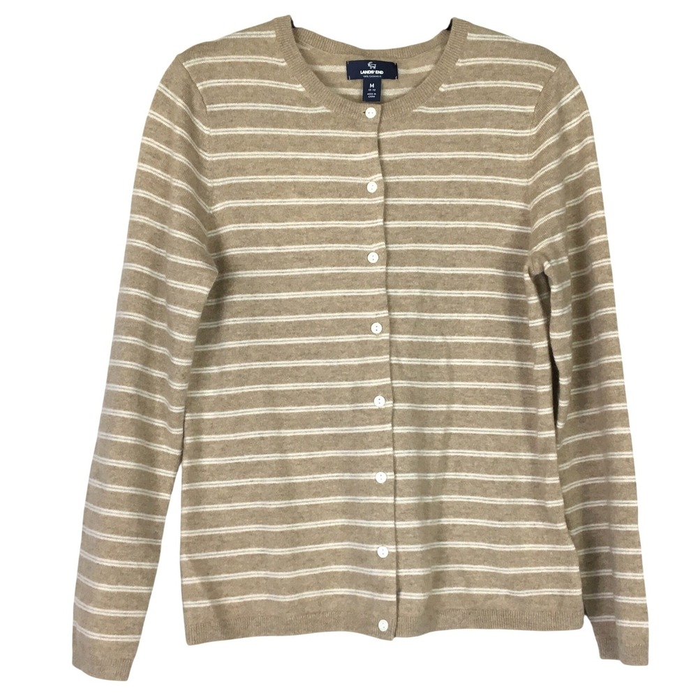 Lands End 100% Cashmere Striped Crew Neck Button Up‎ Cardigan Sweater Medium